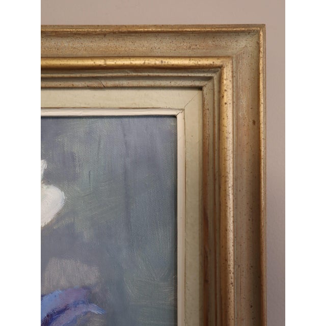 Blue Mid-Century Modern 'Lilies in a Vase' Vintage Original Still Life Oil Painting, Framed For Sale - Image 8 of 13