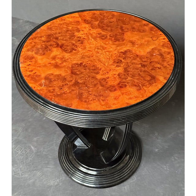 Black French Art Deco Ebonized Round Side Table With Burl Walnut Top - Two Available For Sale - Image 8 of 11