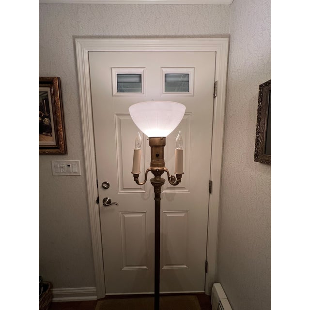 Art Deco Vintage Brass and Frosted Glass Torchière Floor Lamp For Sale - Image 3 of 7