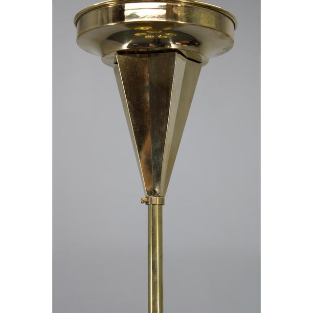 Metal Vintage Art Deco Brass Chandelier with Five Opaline Glass Globes, 1930s For Sale - Image 7 of 12