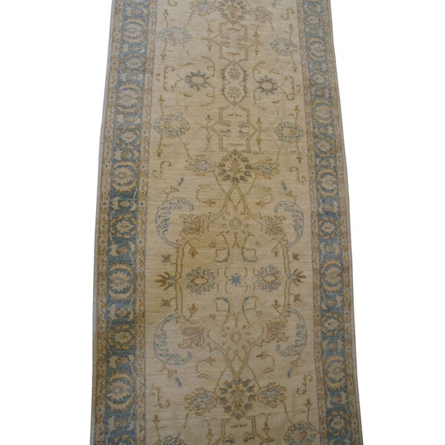 Turkish Late 20th Century Turkish Style Traditional Floral Motif Rug Runner Staircase Blue & Beige 19' For Sale - Image 3 of 9