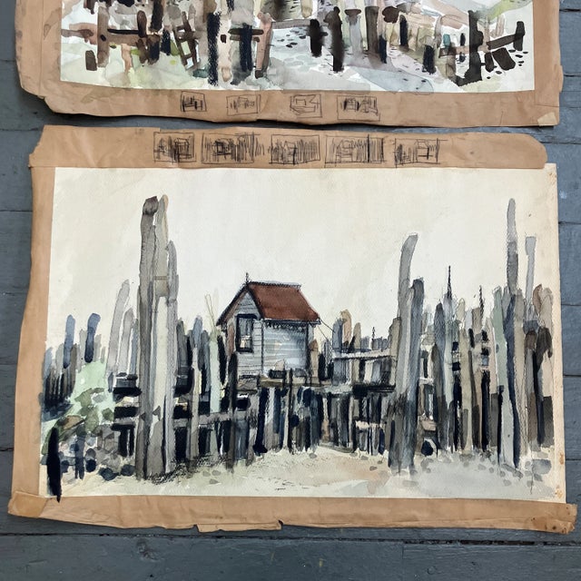 Expressionism 1970s 2 Vintage Expressionist Watercolor Fishing Village Paintings Set of Two For Sale - Image 3 of 6
