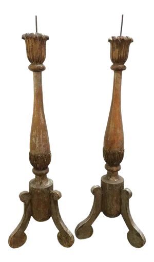 19th Century Silverleaf Carved Wood French Pricket Candlesticks - A Pair
