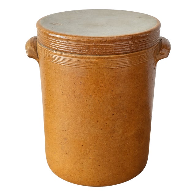 Large Antique French Stoneware Confit Pot with Lid, Early 20th Century For Sale