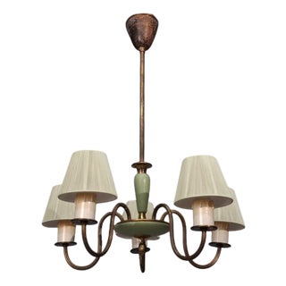 1950s Nordiska Kompaniet, Chandelier, Green Lacquered Wood, Brass For Sale