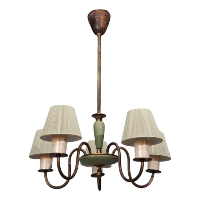 1950s Nordiska Kompaniet, Chandelier, Green Lacquered Wood, Brass For Sale