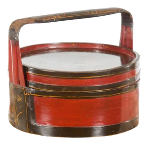 Chinese Vintage Black and Red Round Picnic Basket with Gilt Chinoiserie Décor