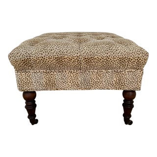 Tufted Ottoman Upholstered in Cowtan & Tout Malabar Leopard Velvet Epingle With Turned Legs For Sale