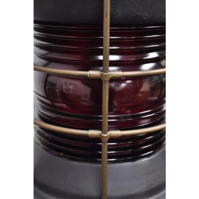 Antique Durkee Marine Ship Lantern Fixture Red Fresnel Pendant Chandlier (A) For Sale - Image 4 of 13