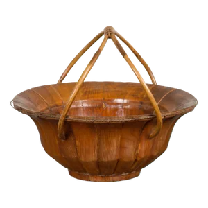 Chinese Late Qing Dynasty 1900s Varnished Bamboo Basket with Large Handles