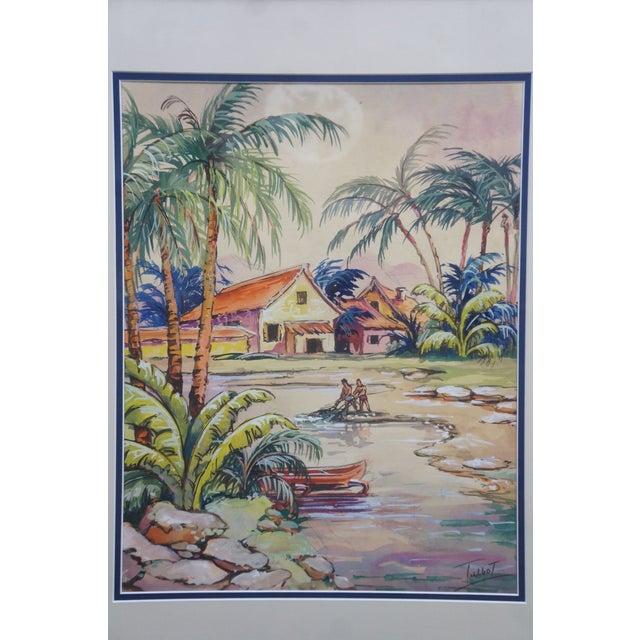 Late 20th Century Talbot Southeast Asian Fishing Village Watercolor on Silk Painting 27" For Sale - Image 6 of 11