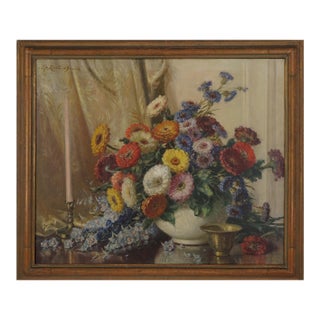 Early 20th Century Summer Floral Still Life - Zinnias, Delphiniums, Corn Flowers by Volney Richardson For Sale