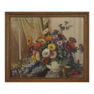 Early 20th Century Summer Floral Still Life - Zinnias, Delphiniums, Corn Flowers by Volney Richardson