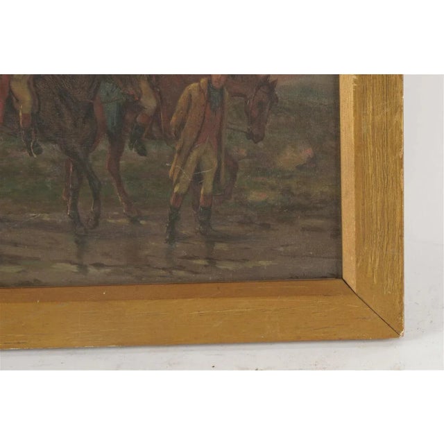 Period painting of two men on horseback with another man leading the horses. One man appears to be a british officer in a...