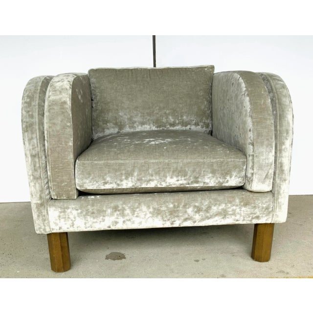 Elegant Modern Gray Crushed Velvet Club Chair. Hexagonal light wood legs, showroom floor sample