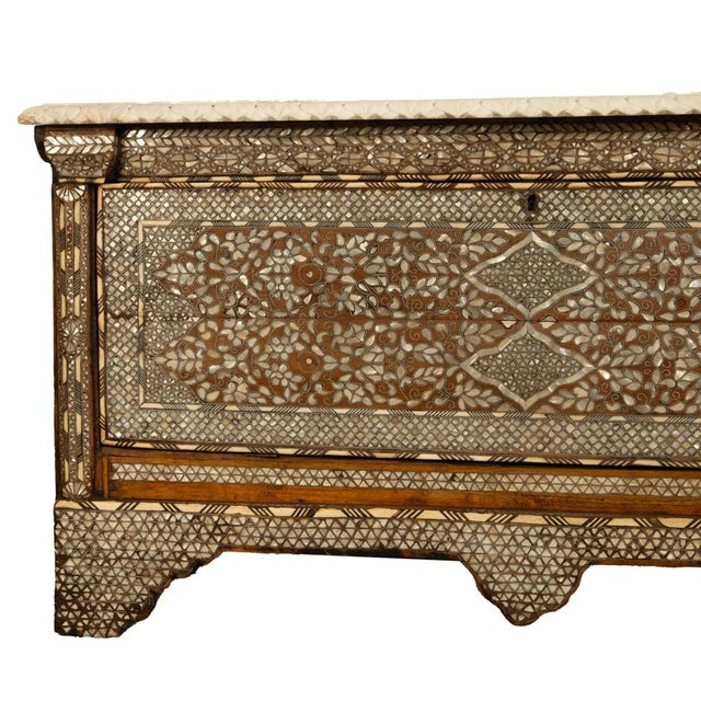 Antique Arabic Walnut Inlaid Mother-of-Pearl Dowry Marriage Chest Damascus 1860 For Sale - Image 9 of 17