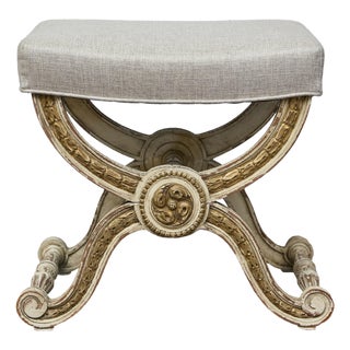 French Empire Style Curule Stool with Gilded Accents and Linen Upholstery For Sale