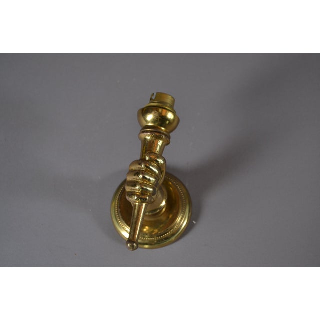 1930s Art Deco Brass Hand-Form Torch Wall Sconce with White Pleated Shade, 1930s For Sale - Image 5 of 7