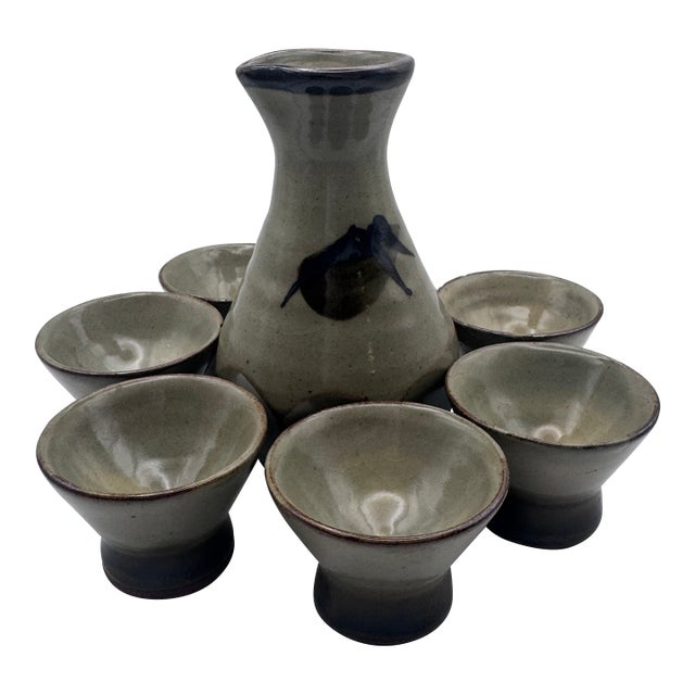 Late 20th Century Studio Pottery Sake Set, Mid-Century Stoneware, Set of 7 For Sale