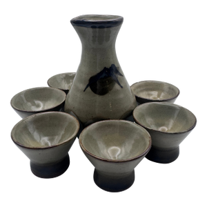 Late 20th Century Studio Pottery Sake Set, Mid-Century Stoneware, Set of 7
