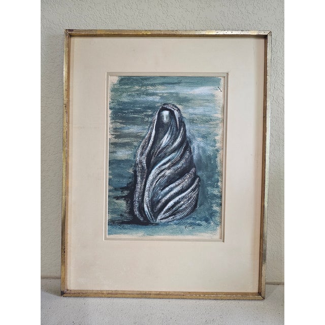 Mid-Century Modernist Draped Figure Watercolor – Signed “Moore” – In the Style of Henry Moore – Framed Description...