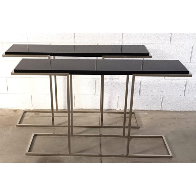 Metal Console Table in Satin Steel with Glossy Black Top, 2000s For Sale - Image 7 of 10
