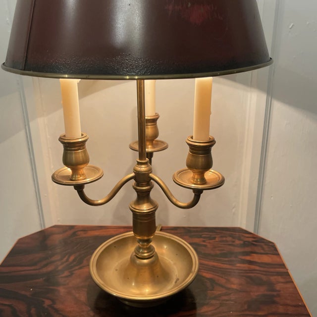 French Brass Bouillotte Lamp With Red Tole Shade For Sale - Image 4 of 5