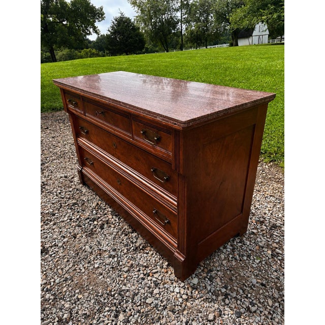 Antique American Black Walnut Burl Victorian Marble Top Dresser With Original Nautical Brass Hardware, Circa 1895–1905 For Sale - Image 4 of 12