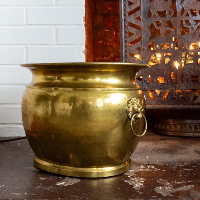 Brass Plated Lions Heads Firewood Holder or Large Planter For Sale - Image 10 of 13