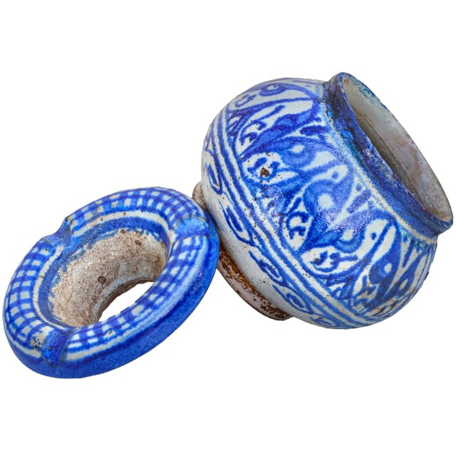 Early 20th Century Early 20th Century Handcrafted Moroccan Blue-Patterned Ceramic Ashtray For Sale - Image 5 of 7