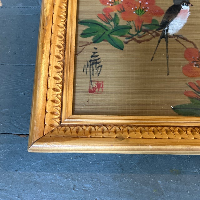 Asian 1970’s Original Asian Style Bird on Branch Painting on Bamboo For Sale - Image 3 of 4