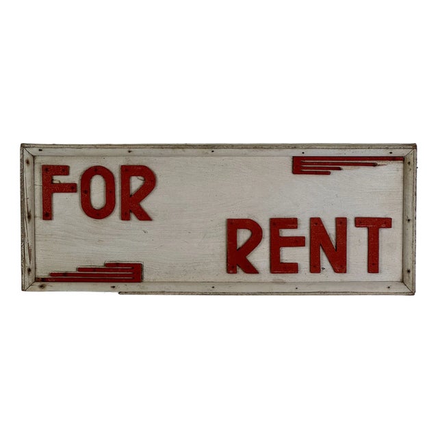 Vintage Art Deco Period Wood "For Rent" Sign in Bright Red Lettering and Design Motif For Sale