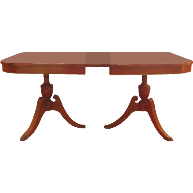 English Thomasville Mahogany Table Double Pedestal With Leaf & Custom Pads For Sale - Image 3 of 10