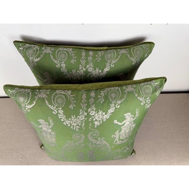 Par of custom pillows made with authentic vintage Fortuny in a discontinued green & silver metallic coloration. True to...