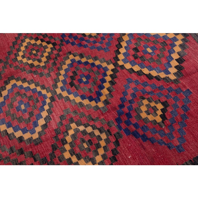 Persian Vintage Kilim Handmade Flatweave Red Geometric Wool Runner 4' 3'' X 4' 7'' For Sale - Image 3 of 11
