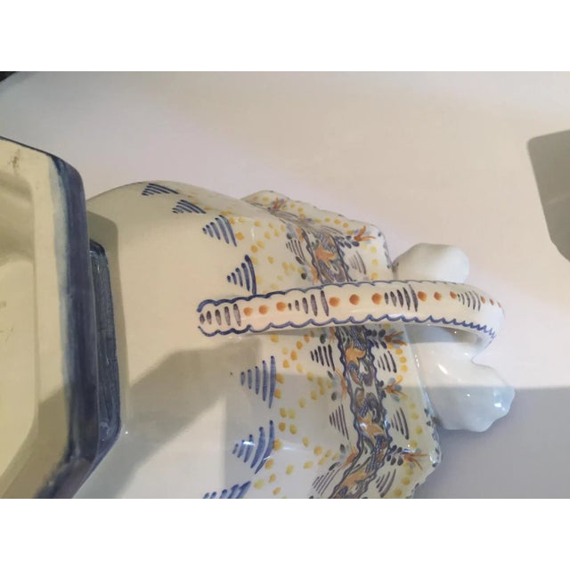 Antique Soup Tureen Signed Made in Portugal with Elephant Ear and trunk Handles. Yellow and blue hand-painted design....