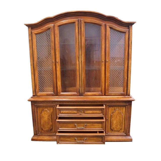 Brown Stanley Furniture Solid Walnut Italian Provincial 66" Buffet W. Lighted Display China Cabinet W. Grilled Doors 8311-04 For Sale - Image 8 of 15