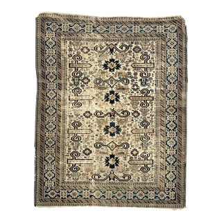 Antique Caucasian Prepidil Stylized Ram Horns in Beige & Navy Rug 4 x 5 For Sale