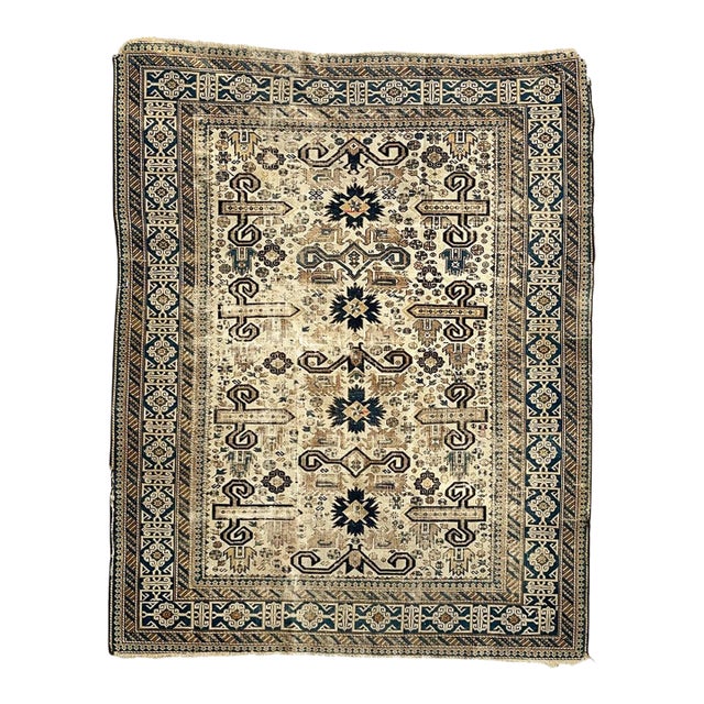 Antique Caucasian Prepidil Stylized Ram Horns in Beige & Navy Rug 4 x 5 For Sale