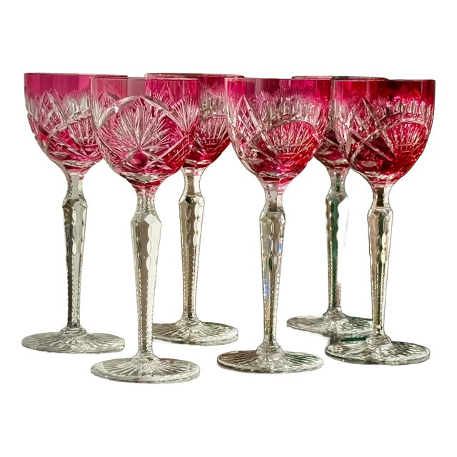 Ruby Cut Crystal Hock Glasses with Peacock and Starburst Cutting, 1950, Set of 6 For Sale