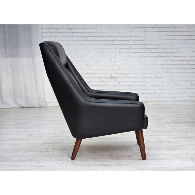 Danish Highback Armchair in Black Leatherette and Teak, 1970s For Sale - Image 10 of 18