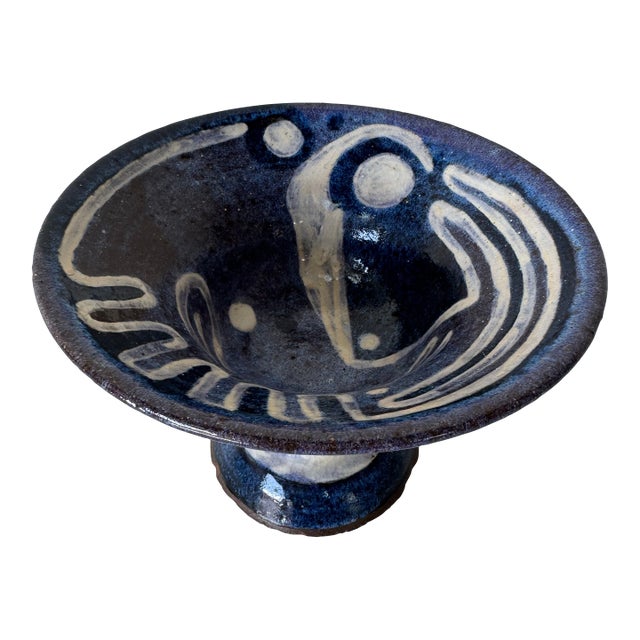 1980’s Vintage Organic Handmade and Painted Ceramic Pedestal Bowl by Mattaway For Sale