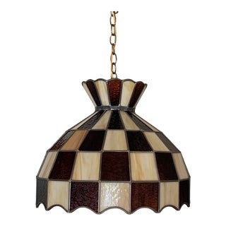 Vintage Checkerboard Tiffany Style Stained Glass Hanging Light 1970s For Sale