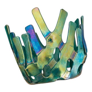 Iridescent Blue Green Fused Art Glass Coral Basket Bowl – Sculptural Studio Glass For Sale