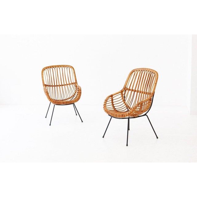 Mid-Century Modern Set of Italian Rattan and Wicker Chairs, 1950s For Sale - Image 3 of 10