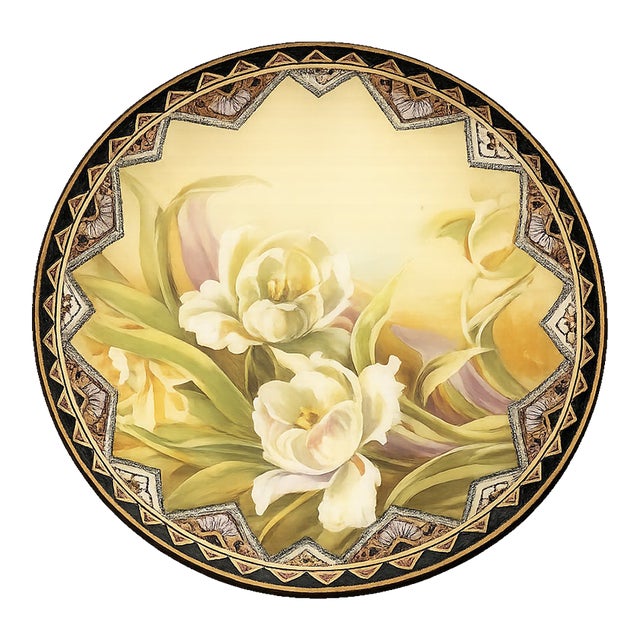 Vintage Japanese Hand-Painted Floral Cabinet Plate With Raised Relief Border For Sale