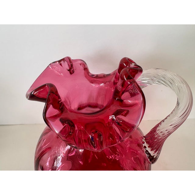 1950s Vintage Fenton Cranberry Dot Optic Glass Pitcher With Clear Ruffled Rim For Sale - Image 5 of 7