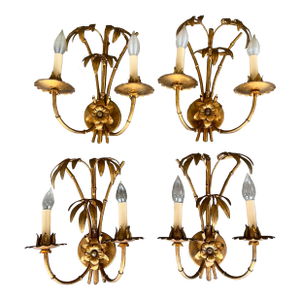 Hollywood Regency Gold Wall Mounted Palm Sconces Set of 4