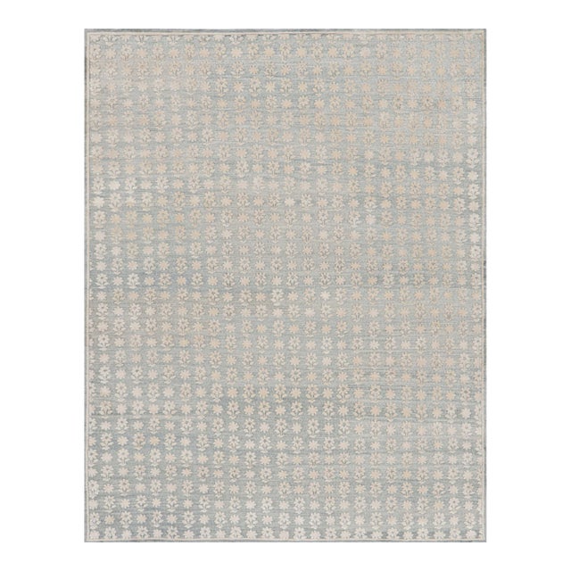 Rug & Kilim’s Modern Block Print Rug in Blue with White Floral Patterns - 12x15 For Sale