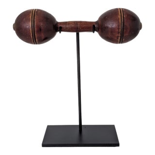 Tall Antique Wooden Dumbbell on Cast Iron Stand – Industrial Artifact Meets Art Object For Sale